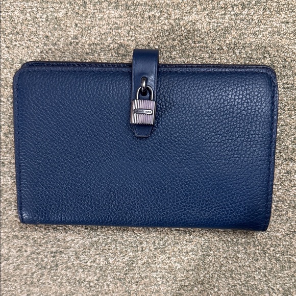 Michael Kors Pebbled Navy Leather Key & Card Holder with Lock Accent